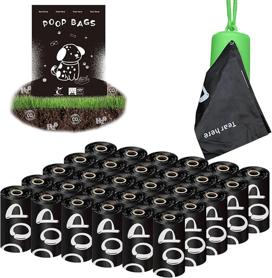 100% plant-based Dog Poop Bags Rolls, ASTM D6400 & EN 13432 Compliant, 450 Poop Bags including dispenser, 13 in × 9 in black poop bags for dogs, Super thick 100% leak proof
