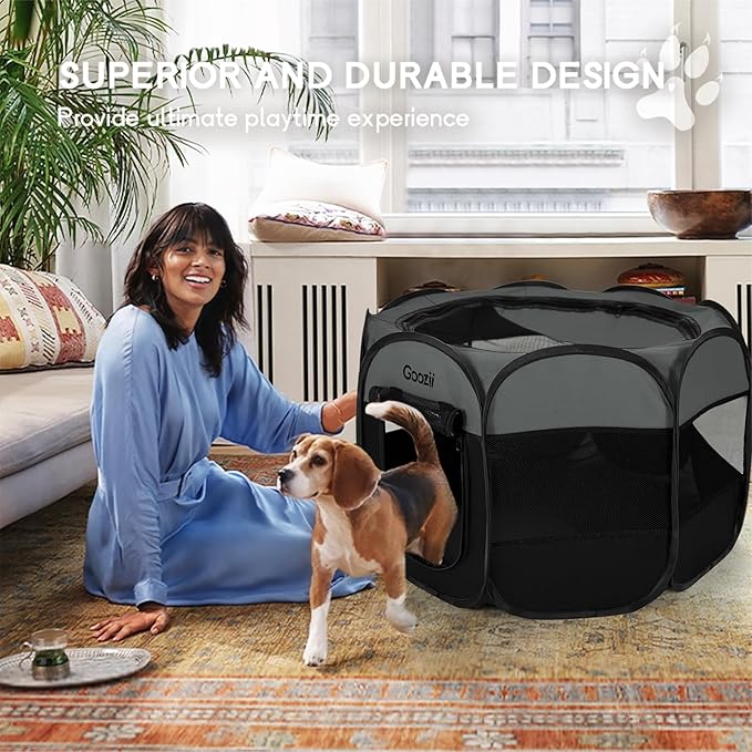 Portable Puppy Playpen Indoor, Small Dog Playpen, Pop Up Kitten Cat Play Pen Tent for Outdoor, Foldable Pet Cage Crate Kennel with Zip Gate Top Cover Bottom for Travel Camping RV Car (Black)