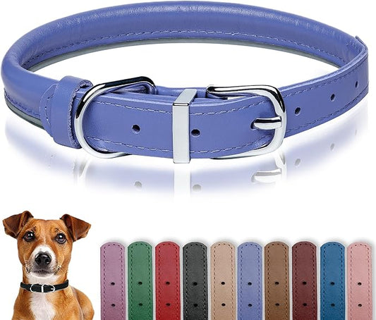 OOPSDOGGY Rolled Leather Dog Collar Reflective Roll Collars for Small Medium Large Dogs Puppy (Blue, M, 12''- 15'')