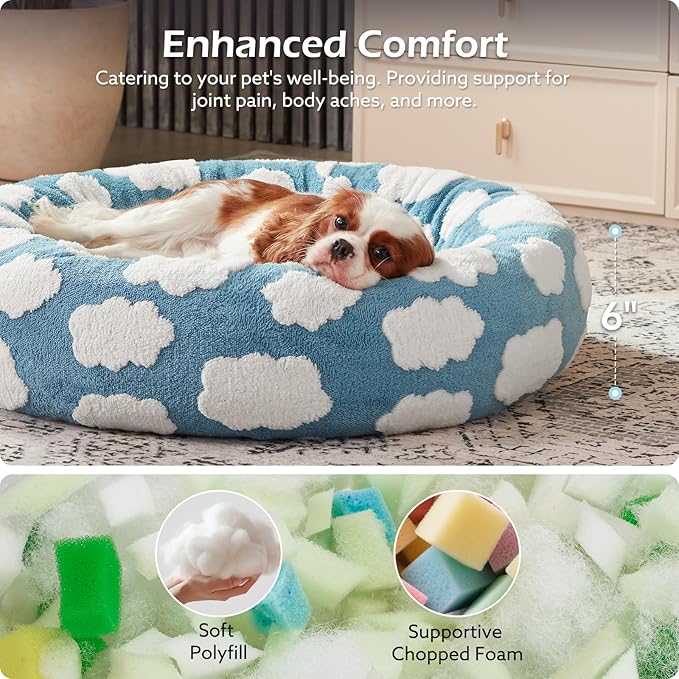 JOEJOY Donut Cat Beds for Indoor Cats, Round Calming Small Dog Bed with Removable Washable Cover, Orthopedic Cute Puppy Kitten Pet Bed with Jacquard Shaggy Plush & Non Skid Bottom, Black