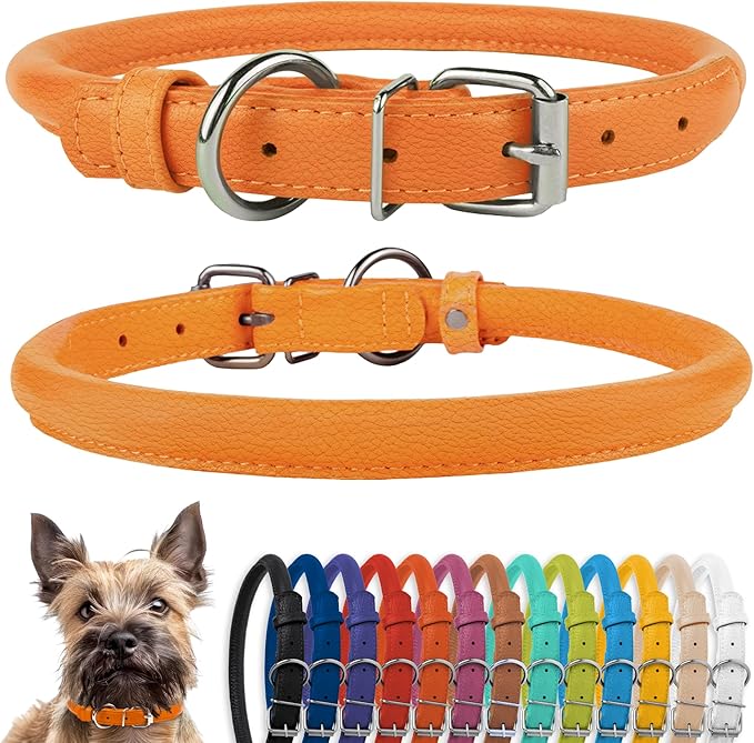 CollarDirect Rolled Leather Dog Collar, Soft Padded Round Puppy Collar, Handmade Genuine Leather Collar Dog Small Large Cat Collars 13 Colors (6 Inch, Orange Textured)
