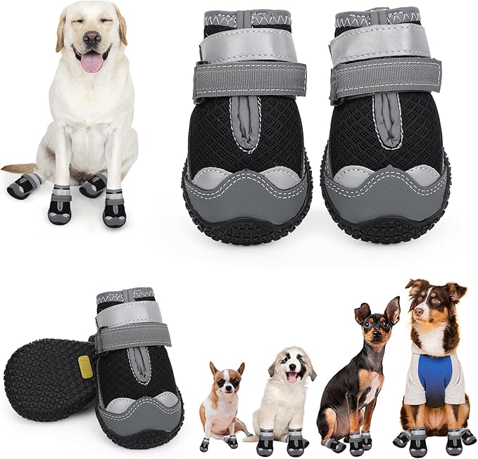 Dog Shoes for Hot Pavement,Dog Boots & Paw Protectors for Large Medium Size Dogs to Prevent Licking,Dog Booties with Reflective for Outdoor,Hiking,Hardwood Floors,Winter Snow(Black Grey,Size3)