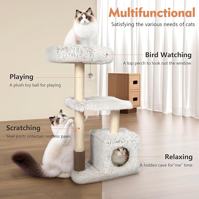 KAMABOKO 41" Tall Cat Tree - Wooden Cat Trees Tower with Cat Condo, Hammock & Top Perch, Modern Tall Cat-Tree w/Natural Sisal Posts for Climb Scratch Play Rest