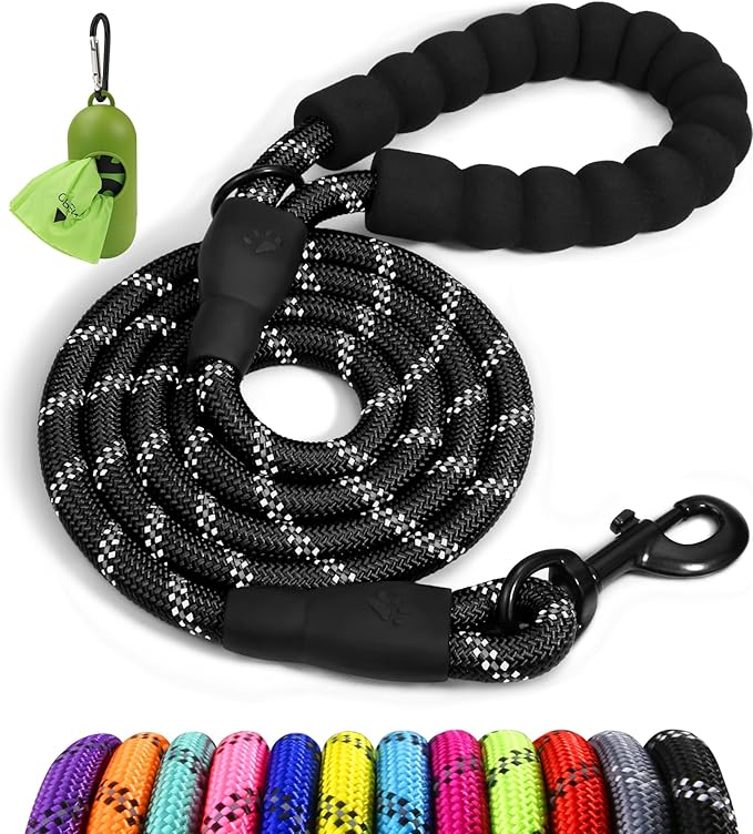Taglory Rope Dog Leash 5 FT with Comfortable Padded Handle, Highly Reflective Threads Leash for Medium Large Dogs, 1/2 inch, Black
