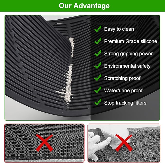 Gosmol Waterproof Cat Litter Mat, XL 28" x 20" Silicone Cat Mat for Litter Box, Large Pet Mat with Deep Grooves, Easy Clean Litter Mats Non-Slip Design Protects Floors & Carpets from Stains - Black