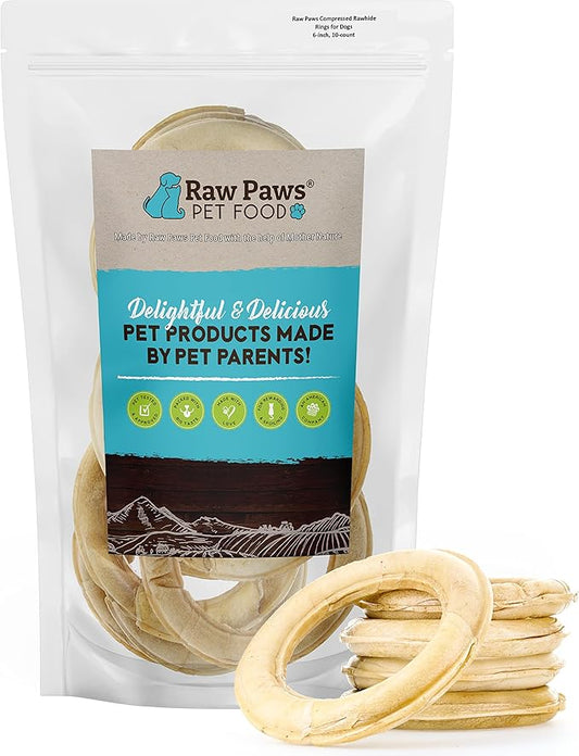 Raw Paws 6-inch Compressed Rawhide Rings for Dogs, 10-Count - Packed in The USA - Rawhide Rings - Digestible Rawhide Donuts - Natural Hide Dogs Chews - Natural Puppy Teething Rings