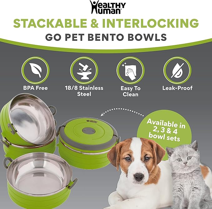Healthy Human Travel Pet Bento Bowls - Human-Grade Stainless Steel & BPA-Free, Leak-Proof Water & Food Container Set for Dogs & Cats, 3-Pack Interlocking Bowls, Includes Spare Clips & Handle (Green)