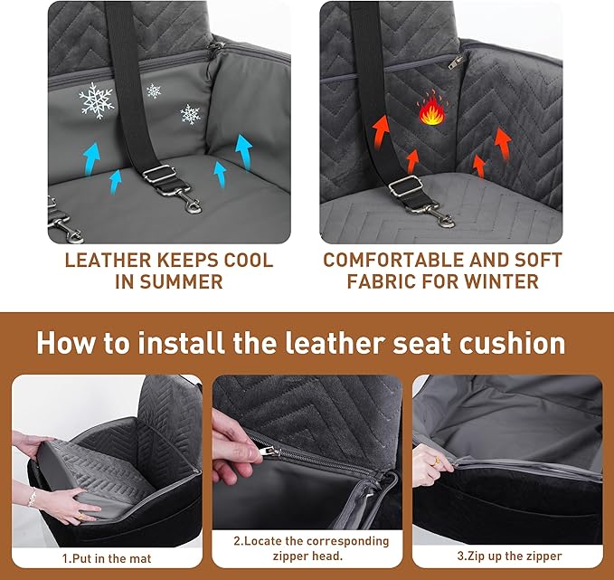 Dog Car Seat for Small Medium Dog Bed with Waterproof Cover Pet Car Booster Seat with Memory Foam for Travel, Grey, 2 Safety Belt