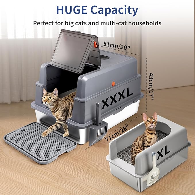 Extra Large Stainless Steel Litter Box with Lid, 28" L x 20" W x 17" H XXXL Enclosed Metal Cat Litter Box with Litter Scoop & Foot Pedal, Odor Control,Easy Cleaning Cats (Dark Grey)