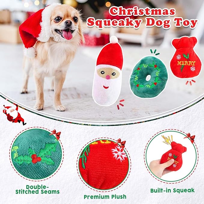 Christmas Dog Toys 9 Pack, Luxury Santa Puppy Chew Toy, Cotton Squeaky Plush Toys for Small Dogs, Durable Interactive Rope Treat Dog Ball and Bones, Rubber Teething Toys for Dogs Gifts