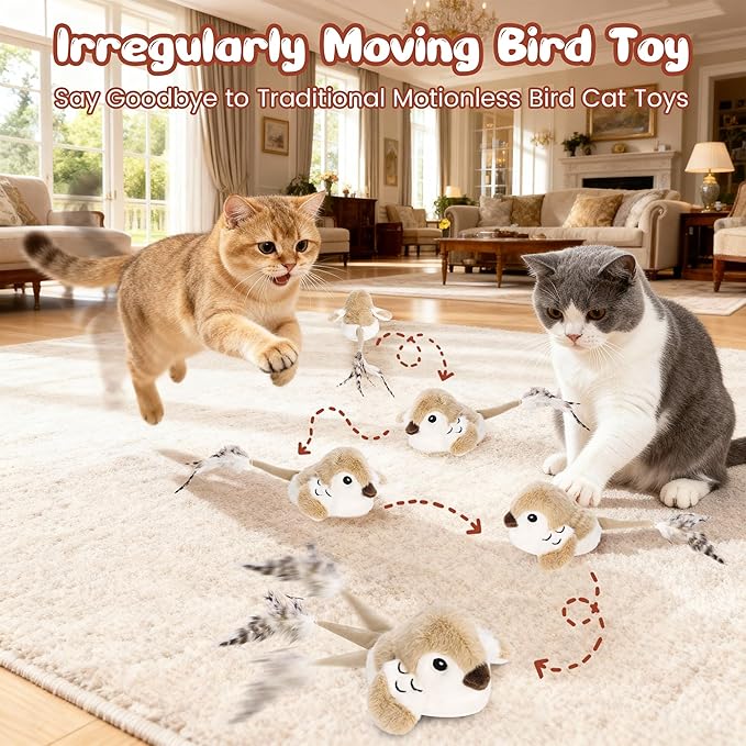 Cat Toys 2026 Upgrade Bird Cat Toy with Catnip Toys Wagging Tail Automatic Moving Cat Toy Chirp Tweet Rechargeable Interactive Kitten Toy（No Flying Bird）