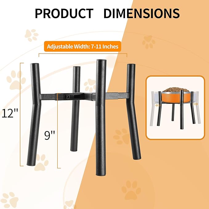 Lifted Dog Bowl Stand - Without Bowls, Single Raise Pet Food Table Adjustable Wide 7-11", Tall 12" - Bowl Stand Size Optional, Dog Bowls Holder Elevated for Small Medium Large Dogs Breed