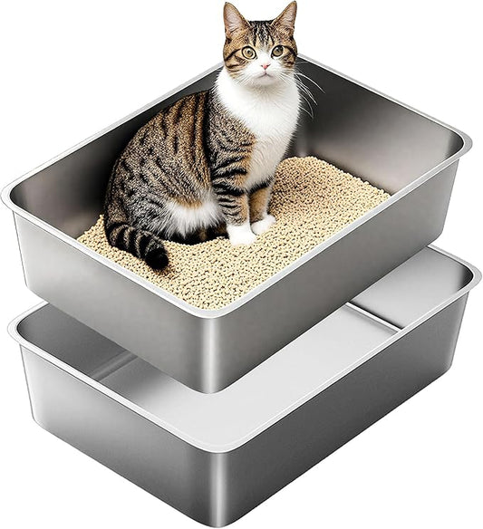 Stainless Steel Cat Litter Box, Large Metal Litterbox, 2-Pack XL Stainless Steel Litter Tray Pan for Big Cats, 23.6" Lx15.7 W x5.9 H, No Odour Absorption, Easy to Clean, Rustproof, Leakproof