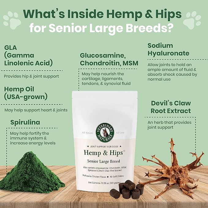 Veterinary Naturals Hemp & HIPS Joint Supplement for Dogs/Supports Relief from Hip and Joint Pain in Large, Aging Dogs (Senior Large Breed, Chicken)