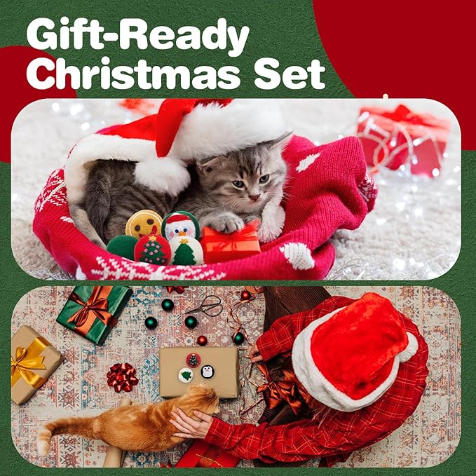 FOFOS Wool Cat Balls 9 Pcs Christmas Cat Toys Balls Hand Felted Wool Cat Toys Kitten Exercise Toys for Indoor Cats 1.7 Inches