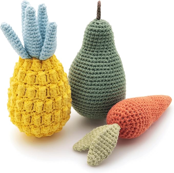 Nina Woof Organic Cotton Dog Toys Pack – Handmade Squeaky Plush Puppy Toys for Small and Medium Dogs, Eco Friendly Teething Accessories, Natural Pet Gift Set with Cute Fruit and Veggie Designs