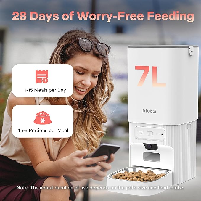 Automatic Cat Feeder with Camera, 5G WiFi Automatic Dog Feeder, 7L Cat Food Dispenser with Night Vision, 1-15 Meals, 1-99 Portions, 2-Way Audio, Jam Free, Ideal for Multiple Pets