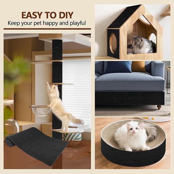 Cat Scratch Furniture Protector, 39.4"x15.8" Self Adhesive Cat Scratch Mat Pad,Cut to Fit DIY Replacement Carpet for Tree,Wall,Bed,Door, Couch Protector (Black)