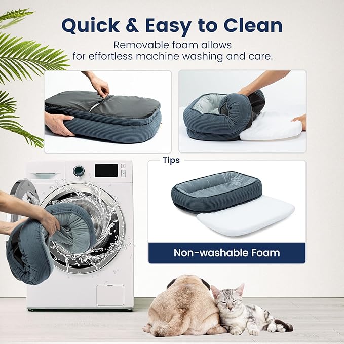 Miguel Orthopedic Cat Beds for Indoor Cats, Egg-Crate Memory Foam Pet Sofa with Bolster Sides, Oval Crate Bed, Washable Removable Cover & Non-Slip Bottom, Haze Blue