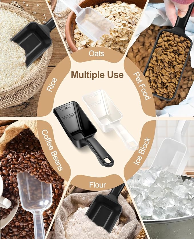 2-Pack Dog Food Scoop 1 Cup, Plastic Pet Food Measuring Scoop With Measuring Lines (1/2 & 1 Cup Markings) for Dogs, Cats, Fish, Bird（Black and Transparent（Black