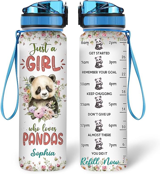 Hyturtle Personalized Panda Lovers 32 Oz 1Liter Motivational Water Bottle With Time Marker, Just A Girl Who Loves Pandas, Animal Lovers Gifts For Women, Girl On Birthday, Christmas