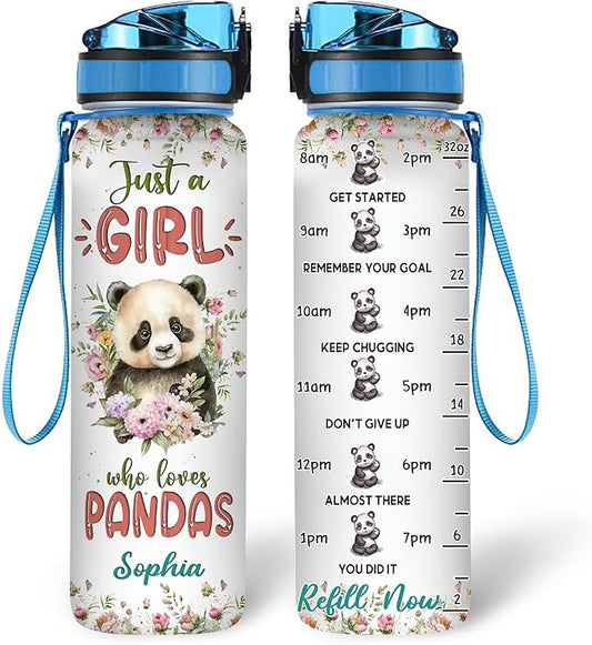 Hyturtle Personalized Panda Lovers 32 Oz 1Liter Motivational Water Bottle With Time Marker, Just A Girl Who Loves Pandas, Animal Lovers Gifts For Women, Girl On Birthday, Christmas