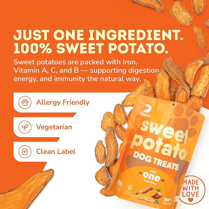 Davie's Sweet Potato Dog Treats - Healthy, Natural, Low Fat Chews Made in USA Only, 0.5 lb. Bag