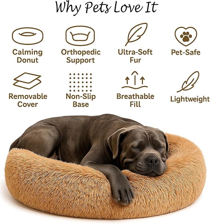 Calming Dog Bed - Fluffy Donut Cuddler for Anxiety Relief, Orthopedic Pet Bed with Non-Slip Bottom, Cozy Round Faux Fur Nest for Dogs and Cats, Plush Crate Mat for Comfort (Camel, Medium)