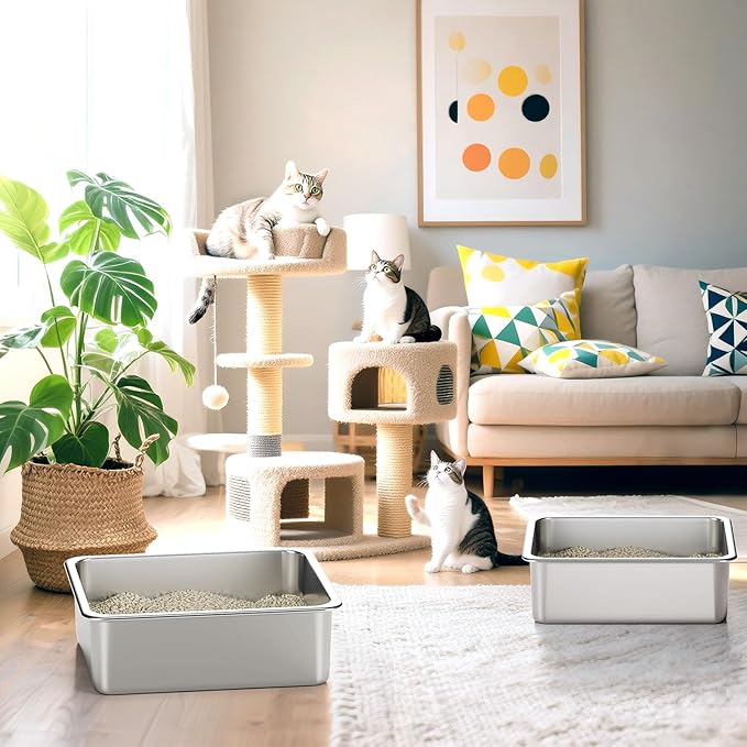 Stainless Steel Cat Litter Box - Metal High-Sided Litter Pan for Cats, Rabbits, and Pets, Non-Stick, Odor-Free, Easy to Clean, Splash-Proof, Sturdy and Durable Indoor Cat Toilet Supplies