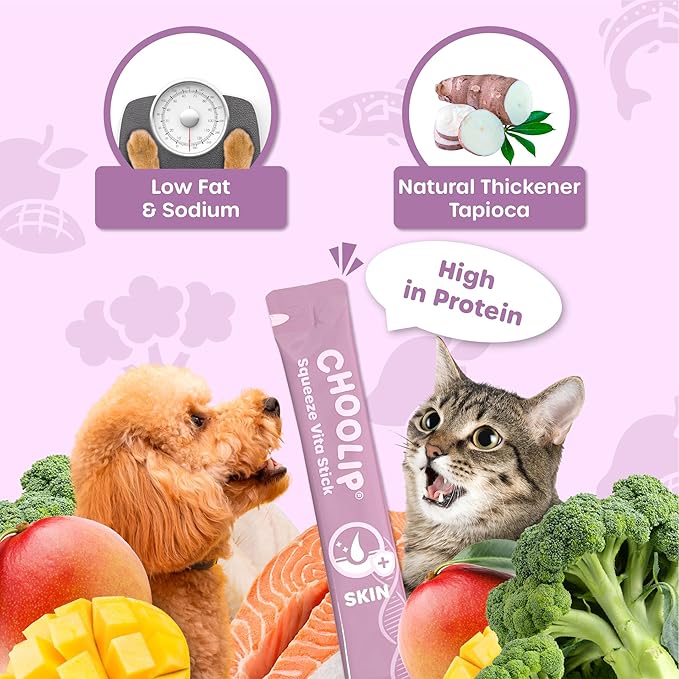 Choolip Squeeze Vita Stick Lickable Cat Treats & Dog Puree – 49-Count Skin & Coat Support Tubes, Creamy Grain-Free High-Protein Puree with Omega 3, Biotin & Vitamins for Healthy Fur & Skin