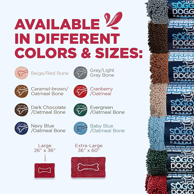 Soggy Doggy Doormat with Bone Design - Ultra Absorbent Microfiber Chenille Wet Dog Mat for Muddy Paws - Non-Slip and Machine Washable (Cranberry/Oatmeal Bone, Extra-Large 36” x 60”)