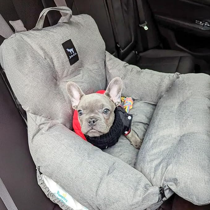 JACKO & CO Premium Dog Car Seat – Safe & Cozy Travel Bed and Carrier for Small Dogs, Puppies, Pets up to 25 lbs, Clip-On Leash & Storage Pockets, Water-Resistant, Machine Washable (Grey, Small)