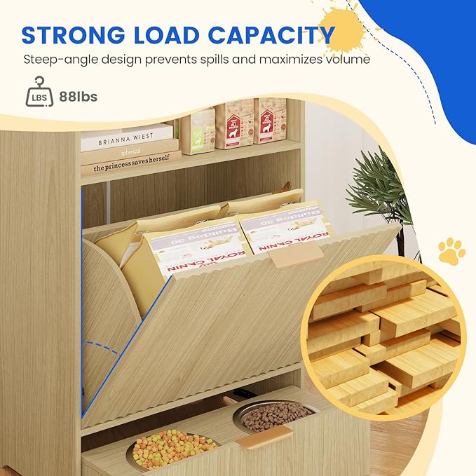 Erinnyees Dog Feeding Station, Dog Food Storage Container with Raised Bowls, Pet Feeder Station Food Cabinet for Toy Feeding Watering Supplies, Natural