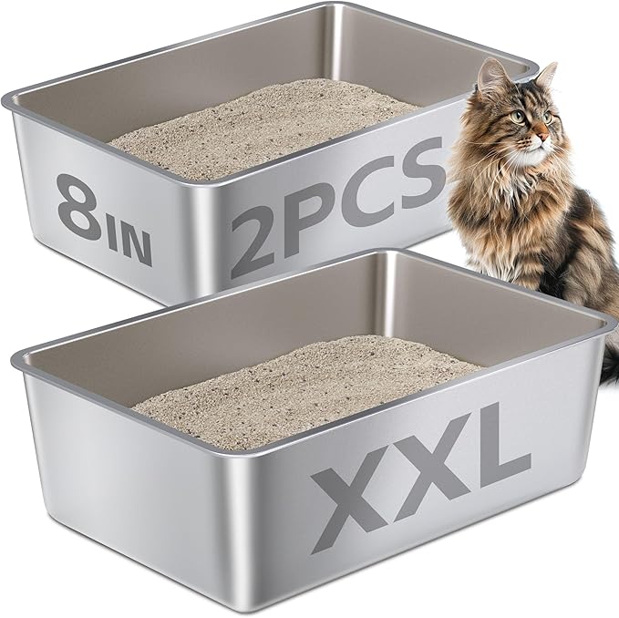 Stainless Steel Litter Box,Metal Litter Box for Big Cats 8IN Deep, Cat Litterbox 2 Pack Easy to Clean-High Sided,Stainless Steel CatLitters Box for Adult Cats,Non Stick, No Smell