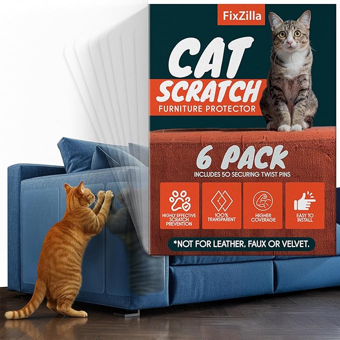 Anti Cat Scratch Furniture Protector, 6-Pack Couch Protector from Cat Claws – Heavy-Duty, Easy-to-Apply Scratching Deterrent and Shield for Sofa Corners, Walls, and Doors- with 52 Twist Pins