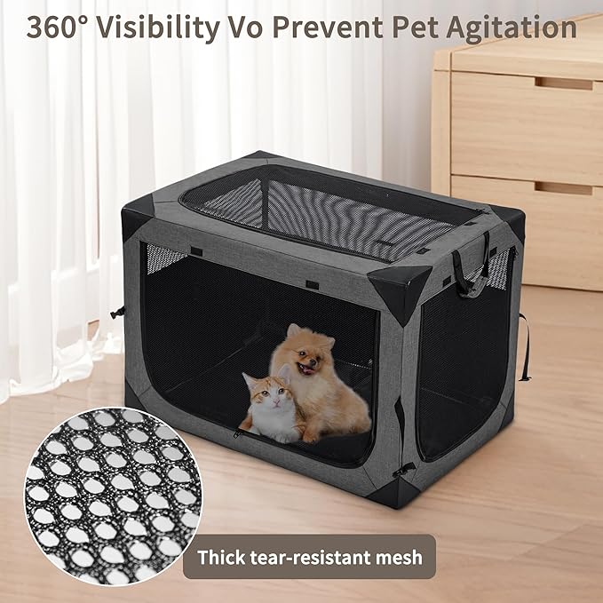 Dog Crates - 36 Inch Collapsible Soft Dog Crate, 3-Door Foldable Soft Kennel for Large Dogs, Portable Pet Travel Cage with Chew Proof Mesh Window for Indoors & Outdoors（Dark Gray）