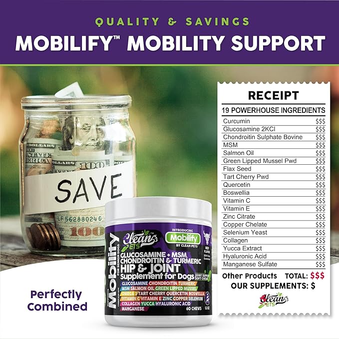 Hip and Joint Supplement Dogs with Glucosamine for Dogs + Chondroitin, Turmeric, Hyaluronic Acid, MSM, Salmon Oil, Collagen, Vitamin C, Omega 3 Senior Dog Supplements Beef Flavor - 1Pack