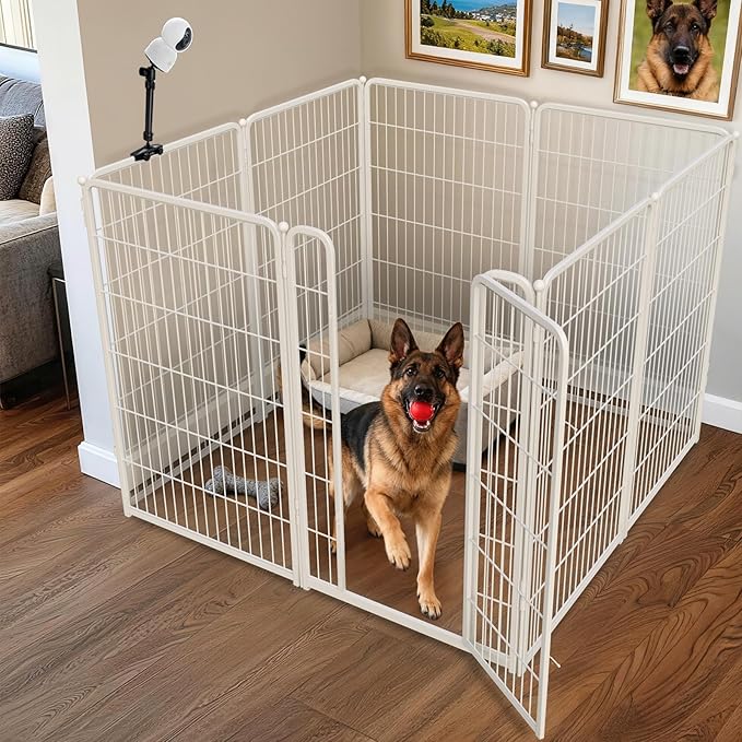 FXW Homeplus Unleashed Indoor Dog Playpen - Stress-Free and Safe Play, Heavy Duty 45 Inch 8 Panels with Playpen Camera Mount for Large Dogs, White│Patented