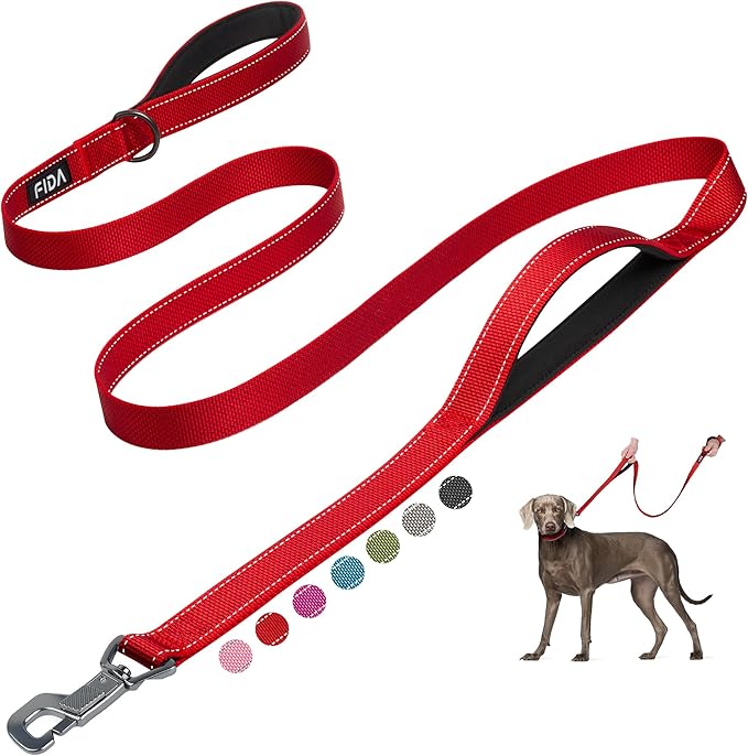 Fida 6 FT Heavy Duty Dog Leash with 2 Comfortable Padded Handles, Traffic Handle & Advanced Easy Snap Hook, Reflective Walking Lead for Large, Medium & Small Breed, Red