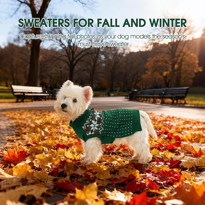 FUAMEY Dog Christamas Sweater, Warm Dog Sweater Classic Snowflake New Year Turtleneck Sweaters Knitwear Cold Weather Dogs Pullover for Small Medium Dogs Puppies & Cats Bulldogs Corgi with Leash Hole