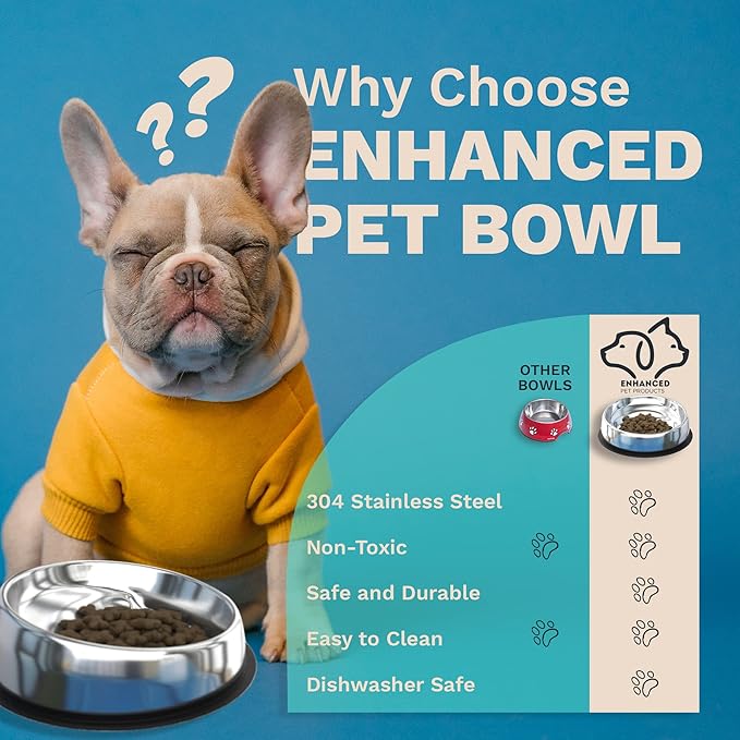 Enhanced Pet Bowl – Slanted Stainless Steel Dog Bowl for Breeds Like Bulldogs, Pugs – Raised Back, No-Spill, Reduces Gas & Mess – Medium Size, Non-Slip, Food-Grade - Does Not Ship from China