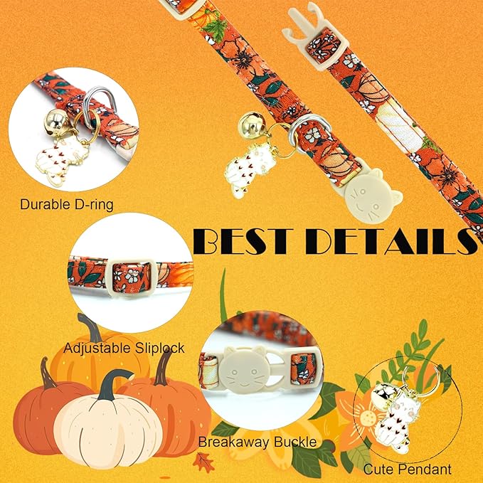 Elegant little tail Halloween Cat Collar-2 Pack Pumpkin Print Fall Cotton Breakaway Cat Collars with Bell Pendant Kitten Boy Girl Safety Adjustable Collar for Small Cats Puppy