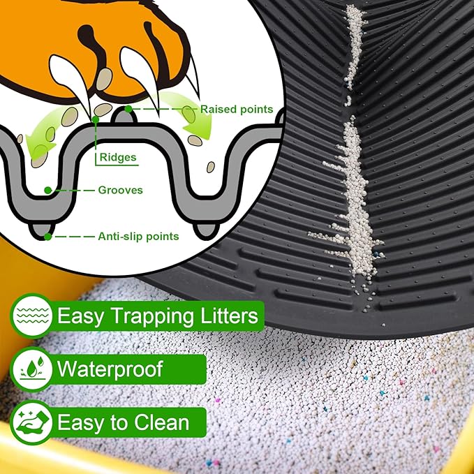 Gosmol Waterproof Cat Litter Mat, XL 28" x 20" Silicone Cat Mat for Litter Box, Large Pet Mat with Deep Grooves, Easy Clean Litter Mats Non-Slip Design Protects Floors & Carpets from Stains - Black
