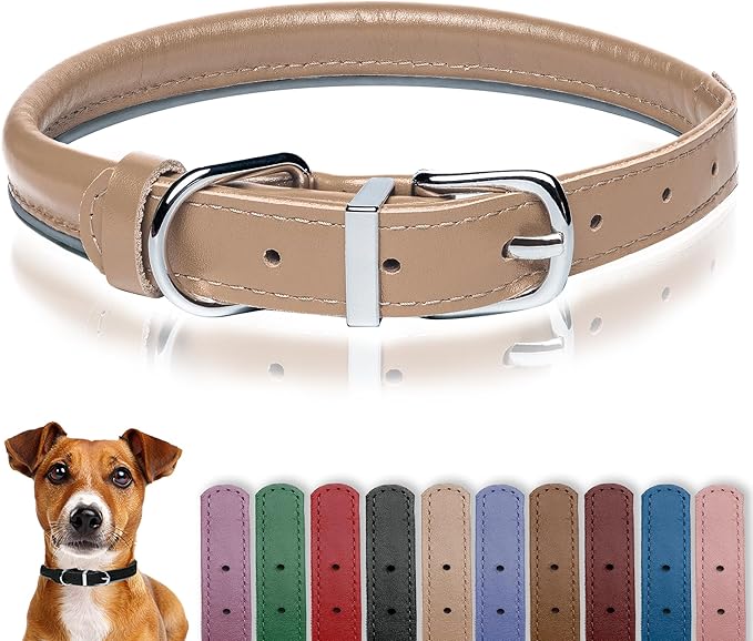 OOPSDOGGY Rolled Leather Dog Collar Reflective Roll Collars for Small Medium Large Dogs Puppy (Beige, XXL, 20'' - 24'')