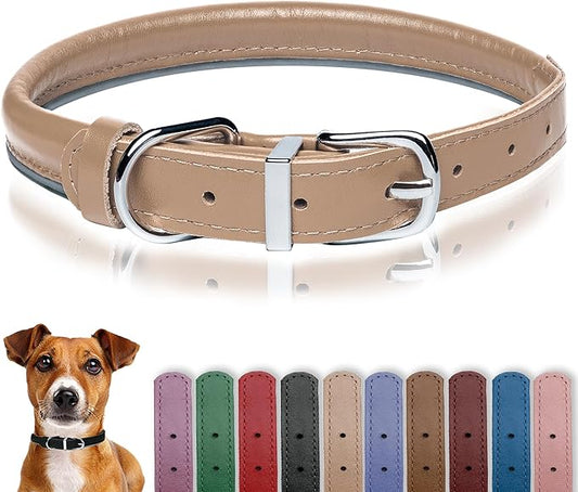 OOPSDOGGY Rolled Leather Dog Collar Reflective Roll Collars for Small Medium Large Dogs Puppy (Beige, XXL, 20'' - 24'')