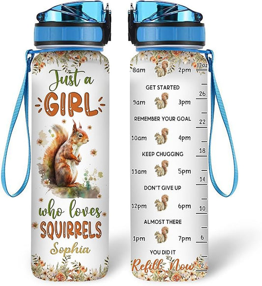 Hyturtle Personalized Squirrel Lovers 32 Oz 1Liter Motivational Water Bottle With Time Marker, Just A Girl Who Loves Squirrels, Animal Lovers Gifts For Women, Girl On Birthday, Christmas