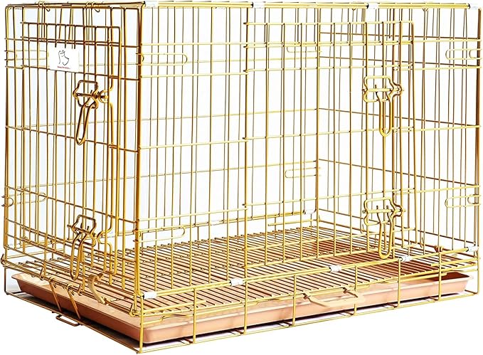HOMEY PET Copper Gold Dog Crate 30 Inch, Portable Folding Metal Wire Dog Kennel Pet Dog Cage with Removable Floor Grid, Pull Out Pan, Double Doors, Handle for Medium-Small Breed Dogs Indoor Travel
