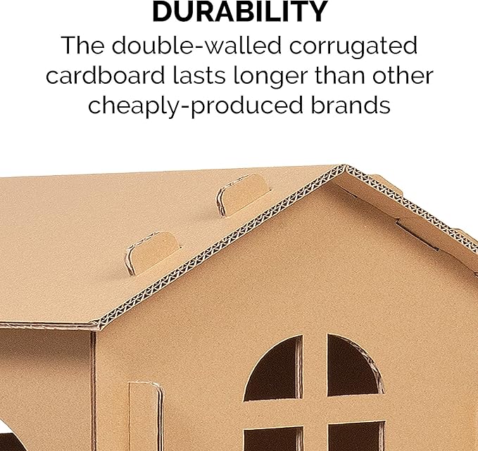 Furhaven Multi-Level Cardboard Cat House w/ Catnip for Indoor Cats, Ft. Scratching Pads & Toys - Townhouse Corrugated Cat Scratcher Hideout - Cardboard Brown, One Size