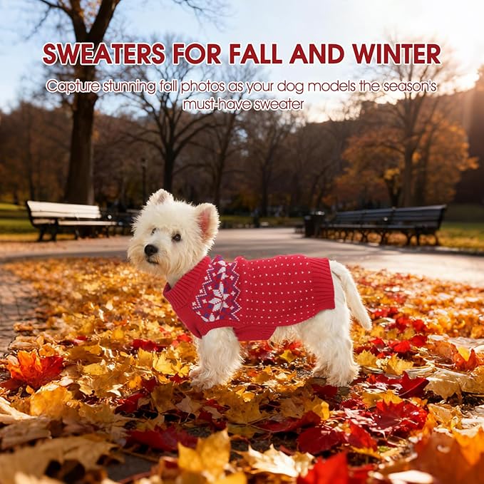 FUAMEY Dog Christamas Sweater, Warm Dog Sweater Classic Snowflake New Year Turtleneck Sweaters Knitwear Cold Weather Dogs Pullover for Small Medium Dogs Puppies & Cats Bulldogs Corgi with Leash Hole