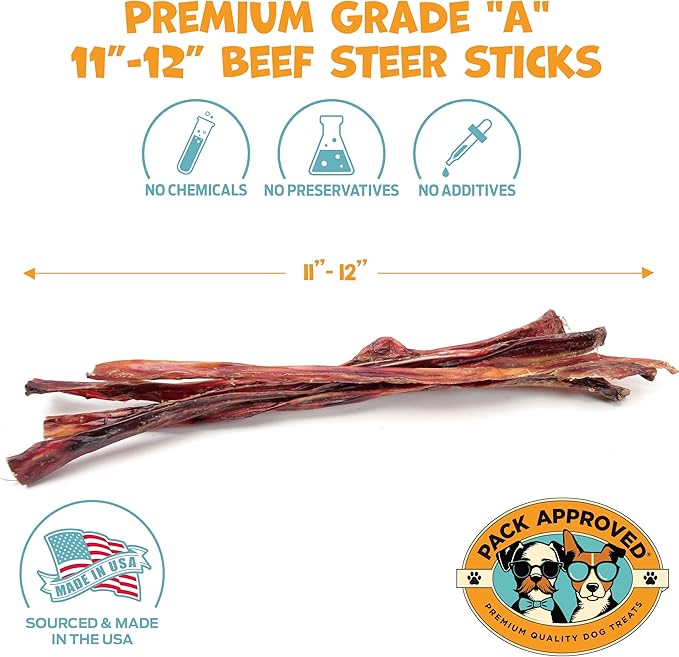Steer Pizzle Sticks for Dogs Rawhide Free Dog Treats - Single Ingredient Bullysticks Natural Dogs Chews - Odor Free Bully Sticks - Fully Digestible Dog Chew Stick 11-12" (10 Count)